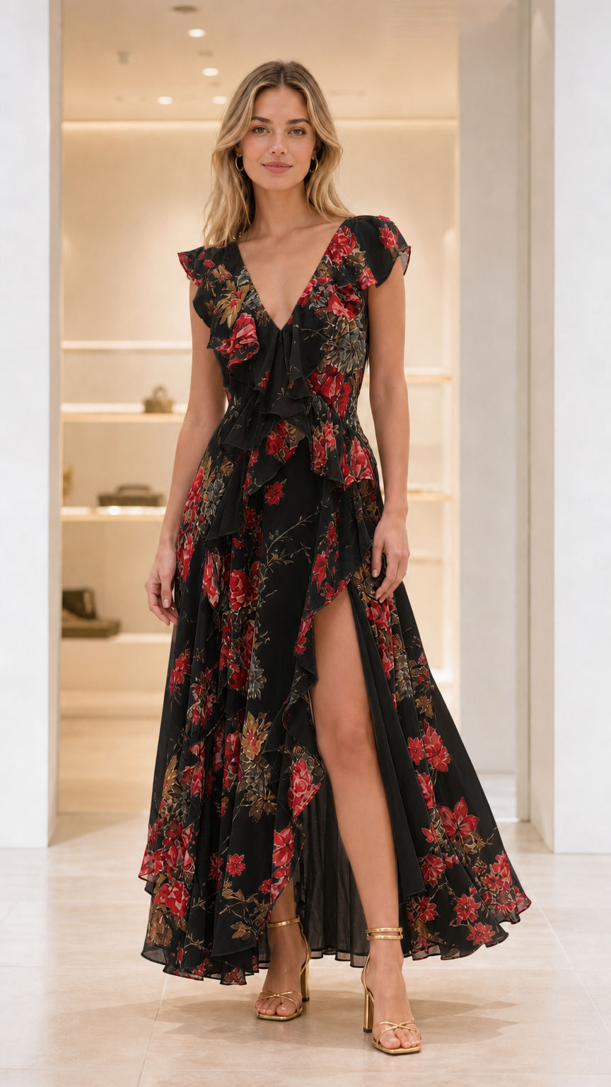 Front view of Black Floral ruffle backless maxi dress with high slit