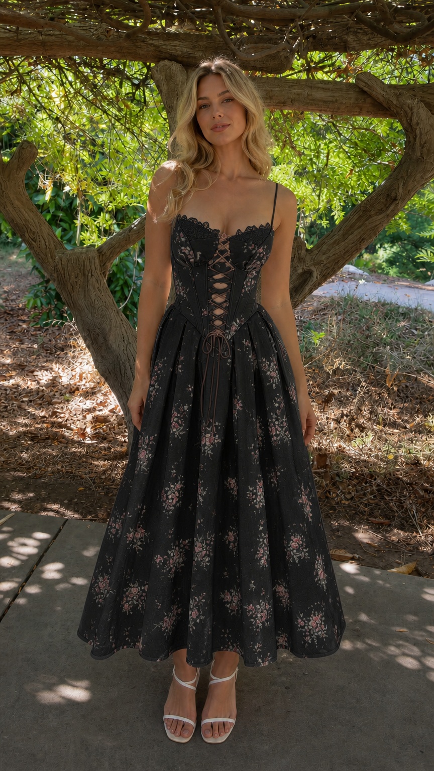 Woman wearing black floral corset midi dress