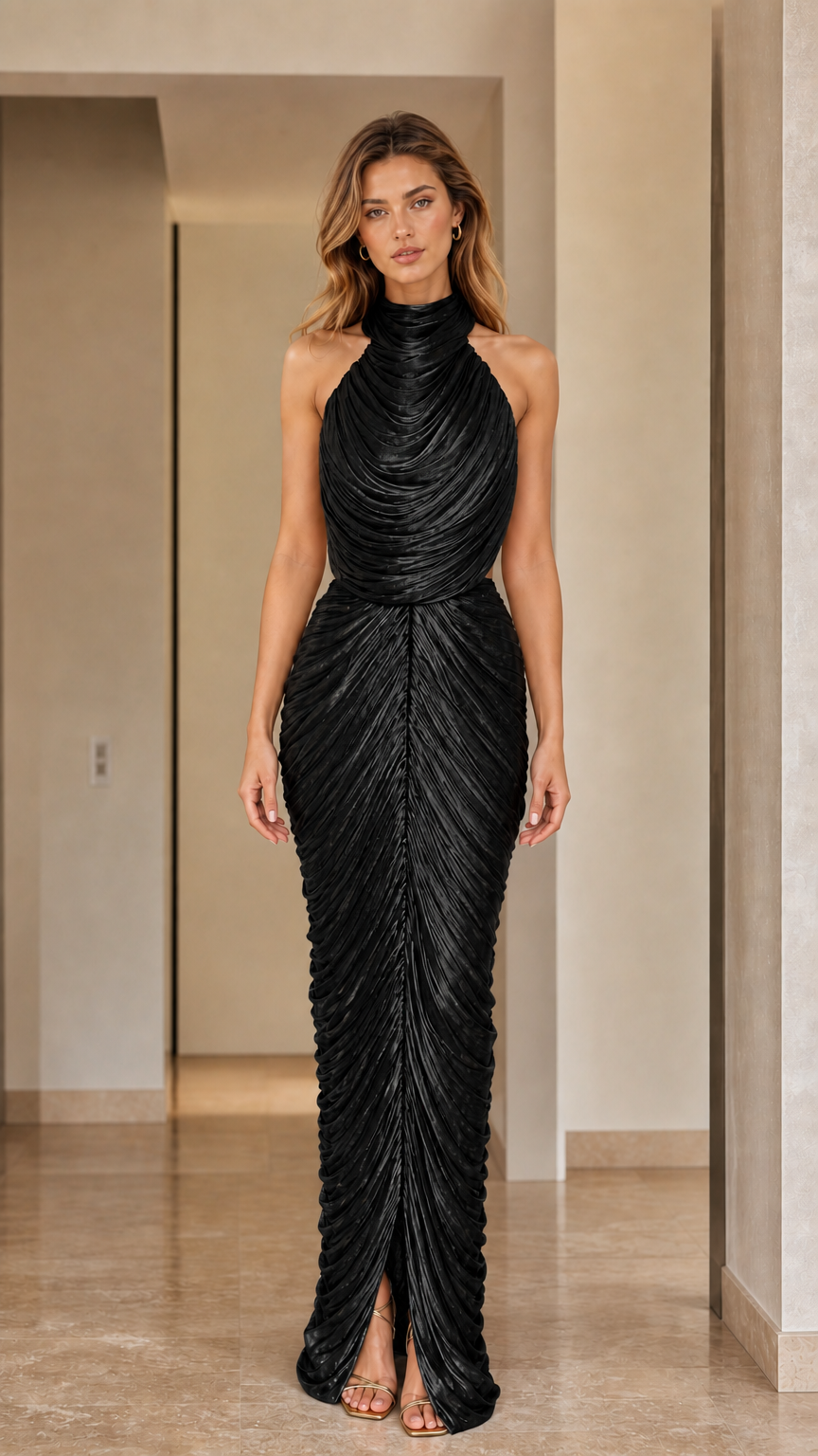 Front view of high neck pleated shimmer maxi dress in classic black