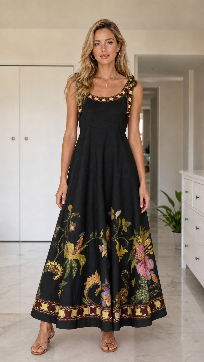 Front full view of black floral maxi dress variant