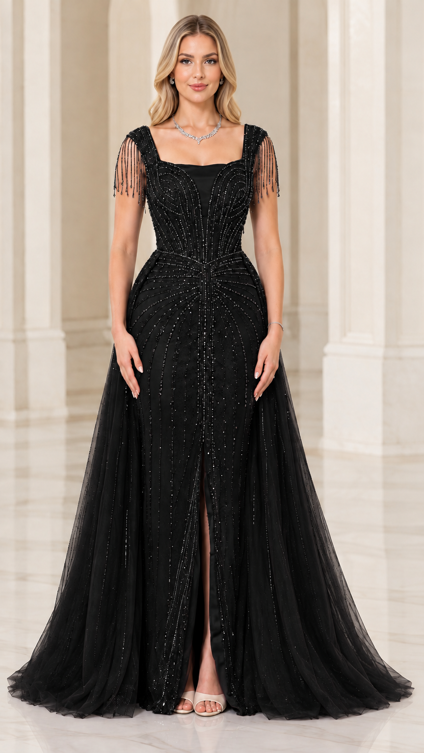 Full-length front view of black beaded formal gown with fringe sleeves and tulle overskirt
