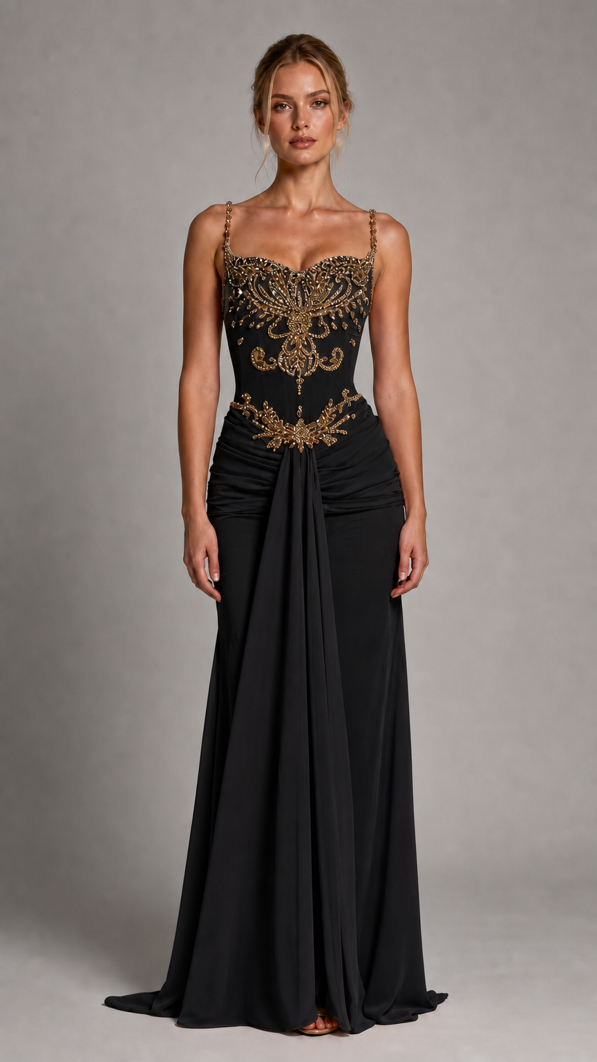 Front view of black evening gown variant