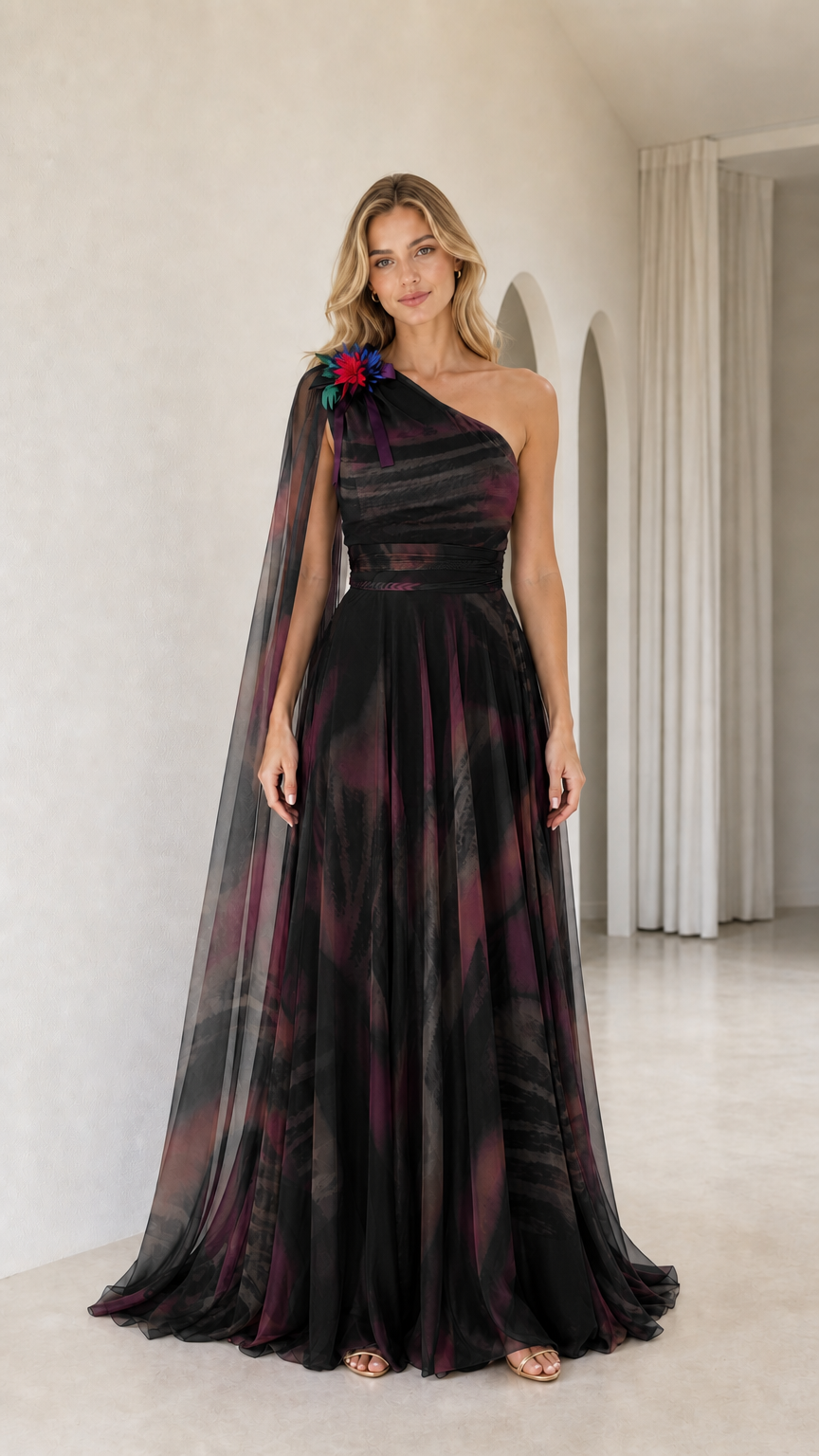 Full front view of black multi watercolor printed one-shoulder cape gown