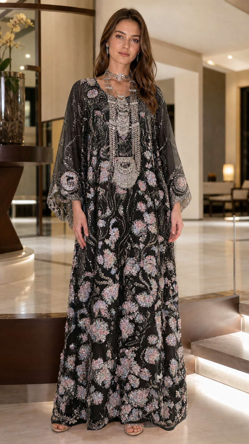 Full front view of black floral sequin embroidered kaftan maxi dress
