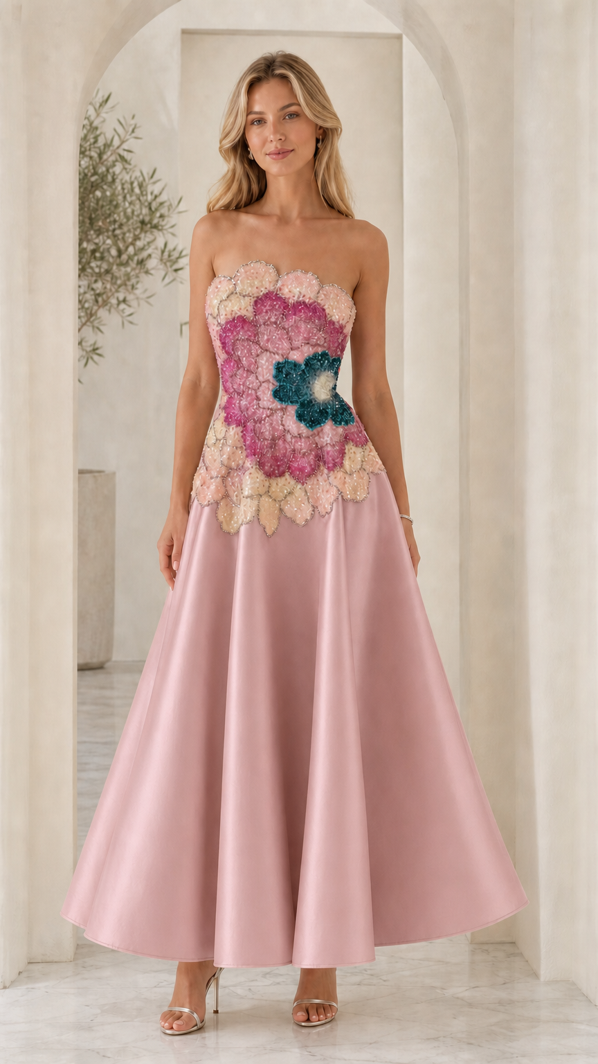 Model wearing pink variant of strapless evening dress