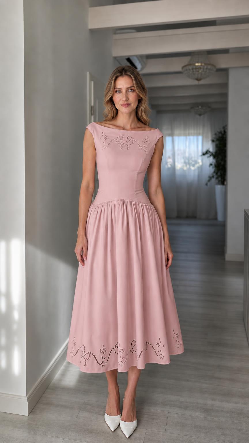 Full view of woman wearing pink boatneck midi dress