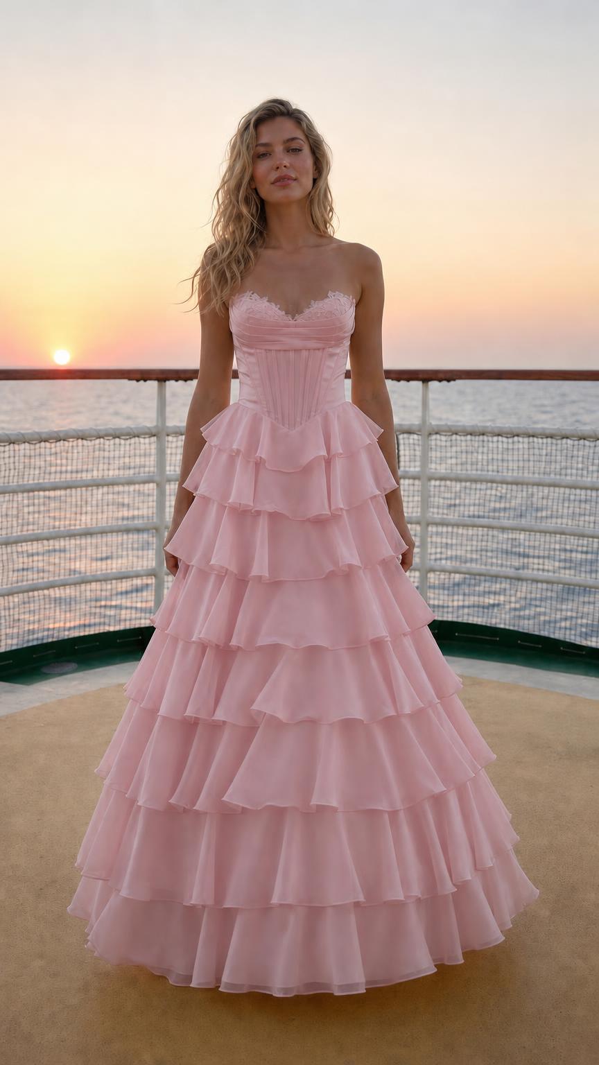 Model wearing pink sweetheart corset tiered ruffle long evening gown