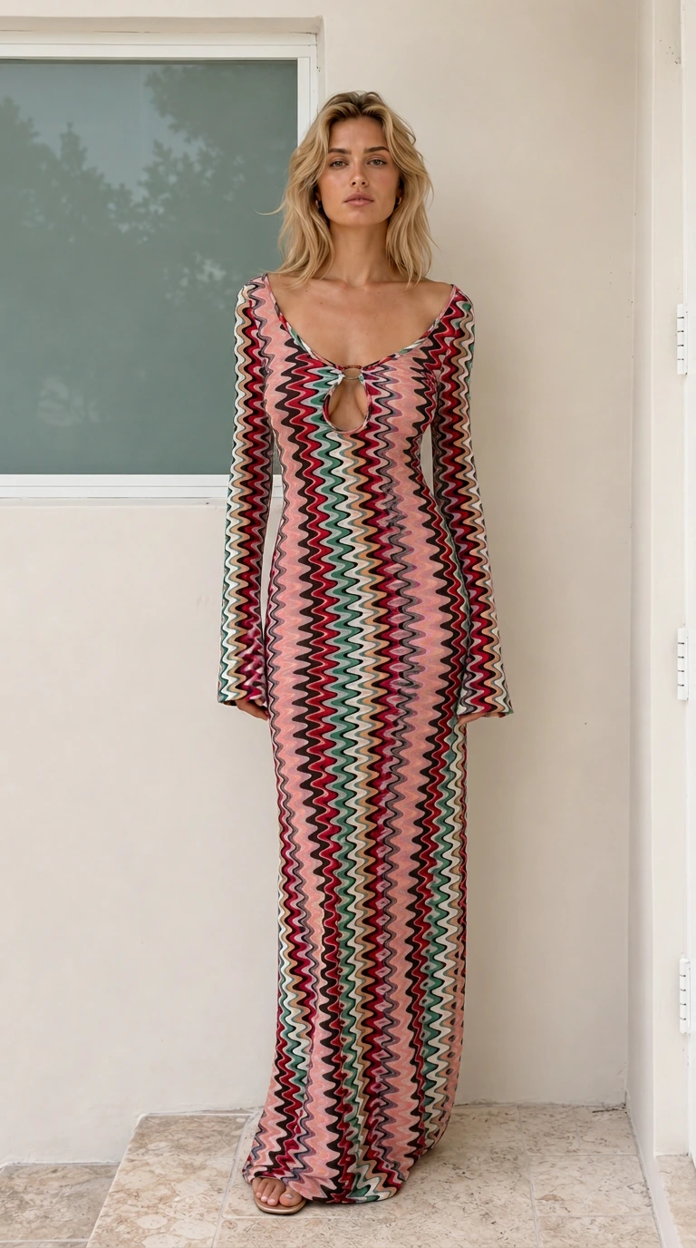 Model wearing Pink variant of chevron knit maxi dress