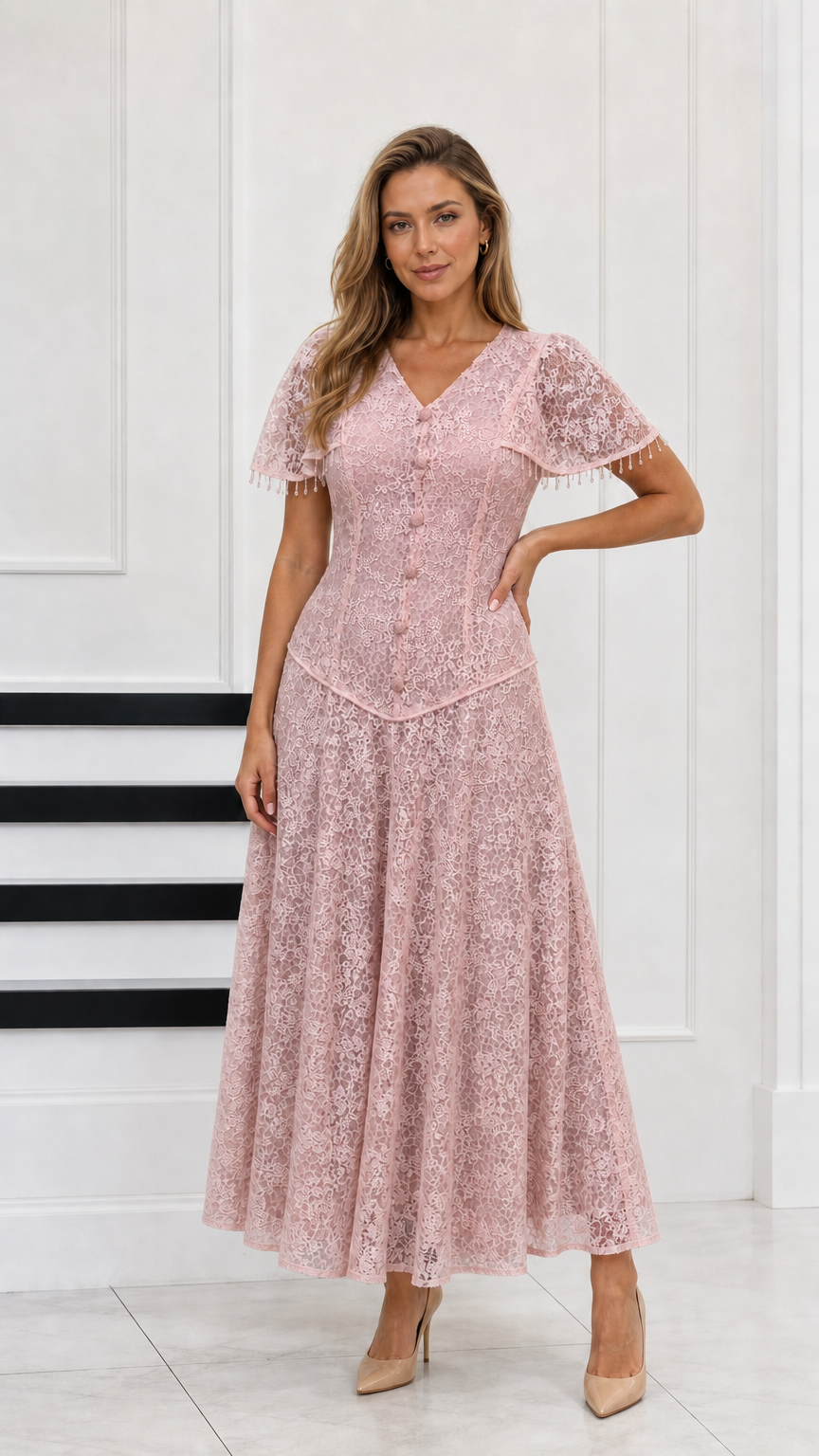 Full-length view of blush pink floral lace maxi dress with button front