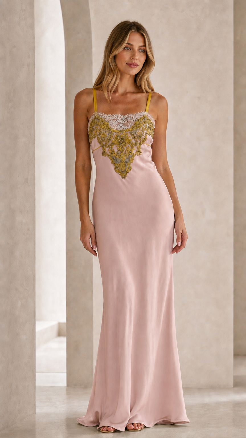 Front view of blush pink satin slip maxi dress with embroidered bodice