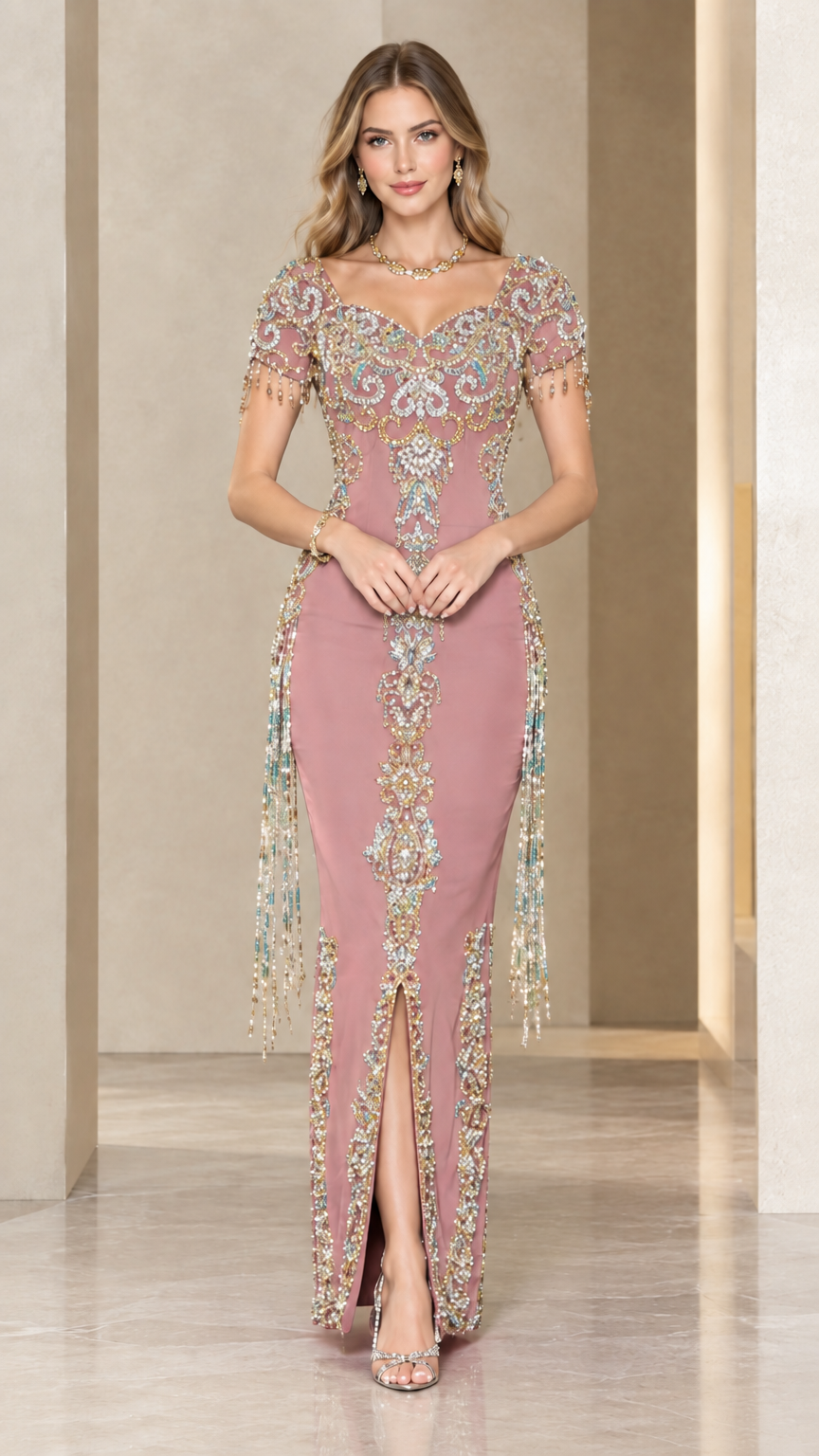 Dusty rose beaded floor-length formal evening gown with cap sleeve fringe