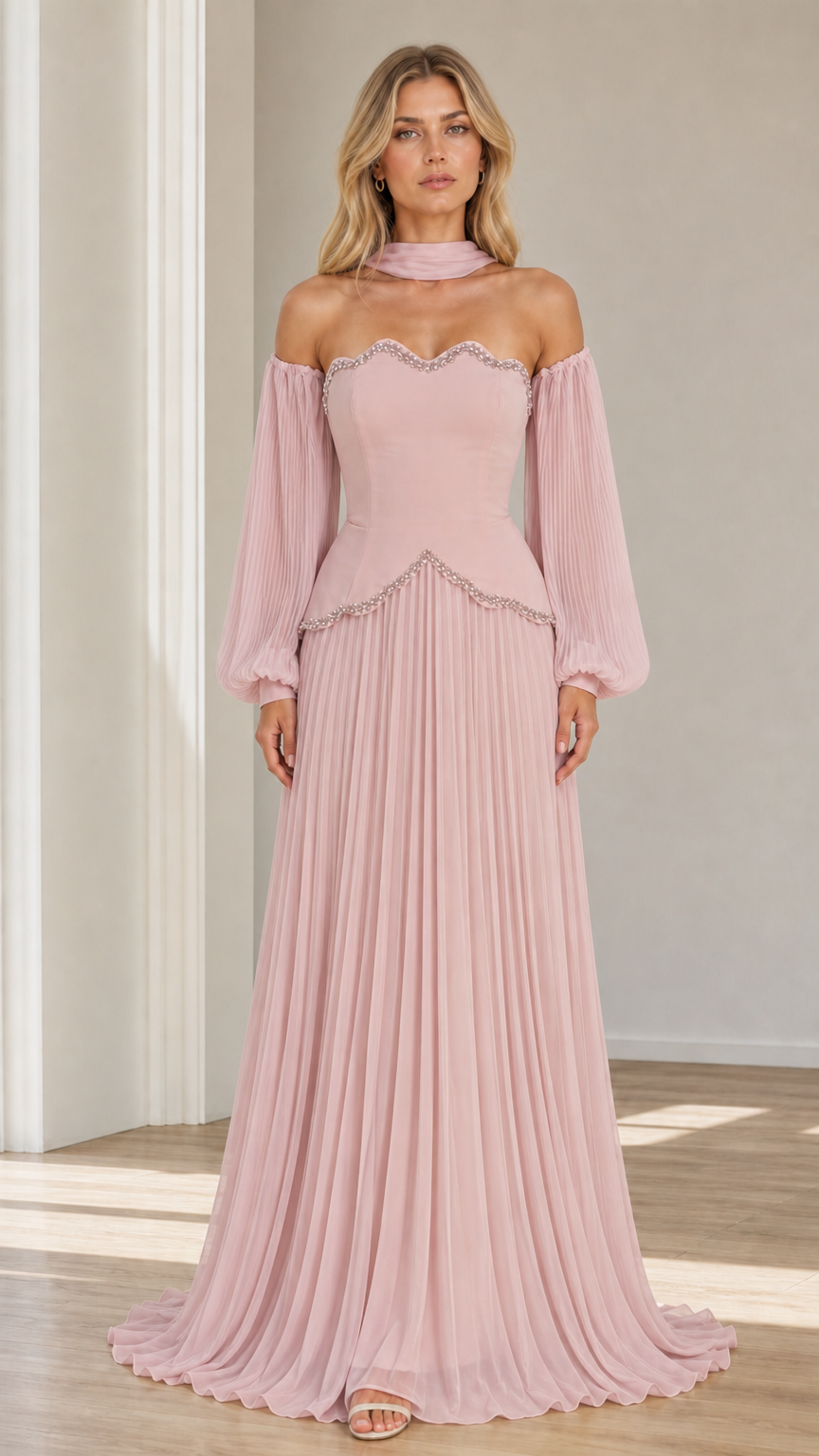 Front view of blush pink off-the-shoulder beaded scalloped pleated maxi evening gown