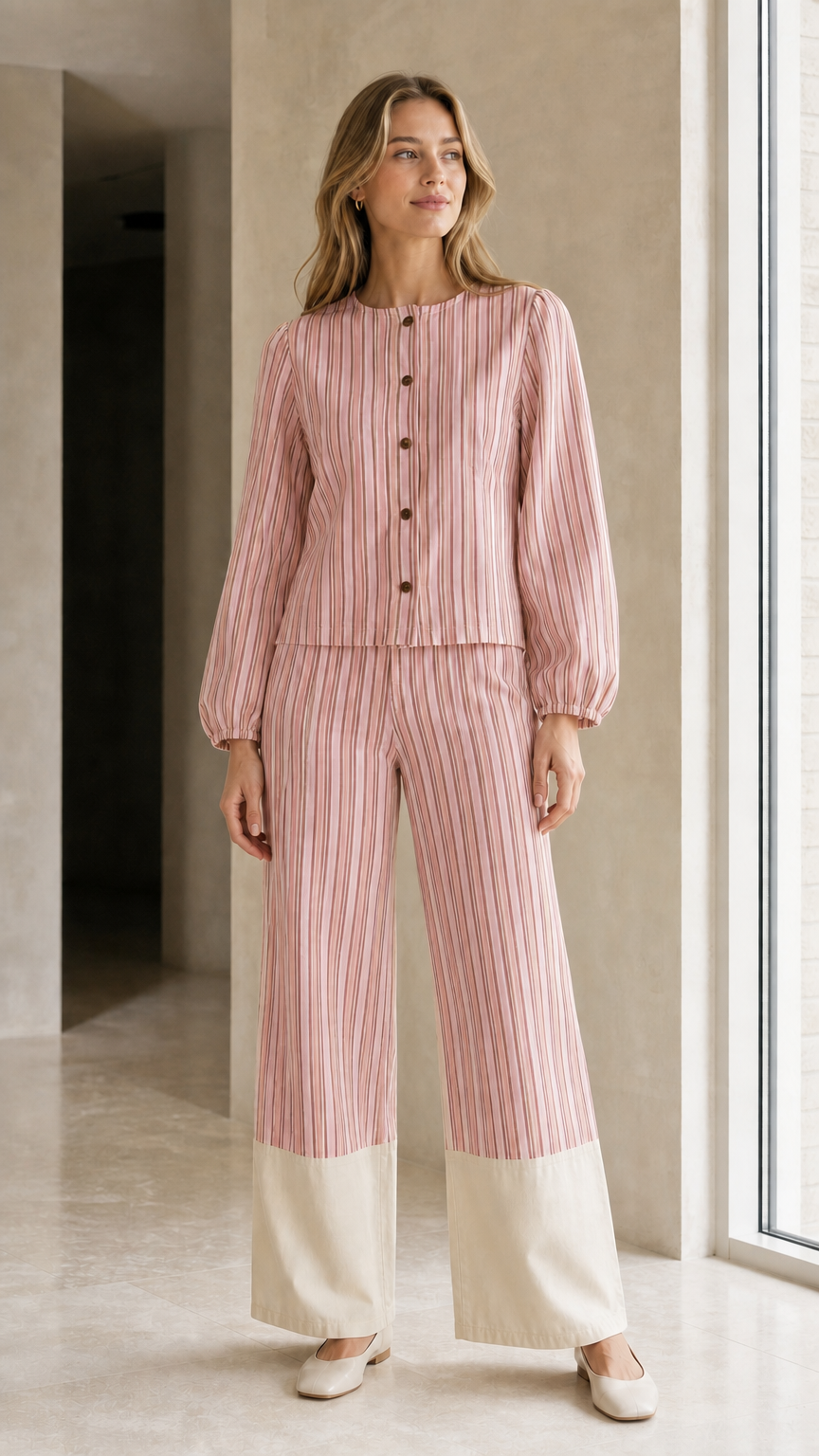 Woman wearing pink striped matching set