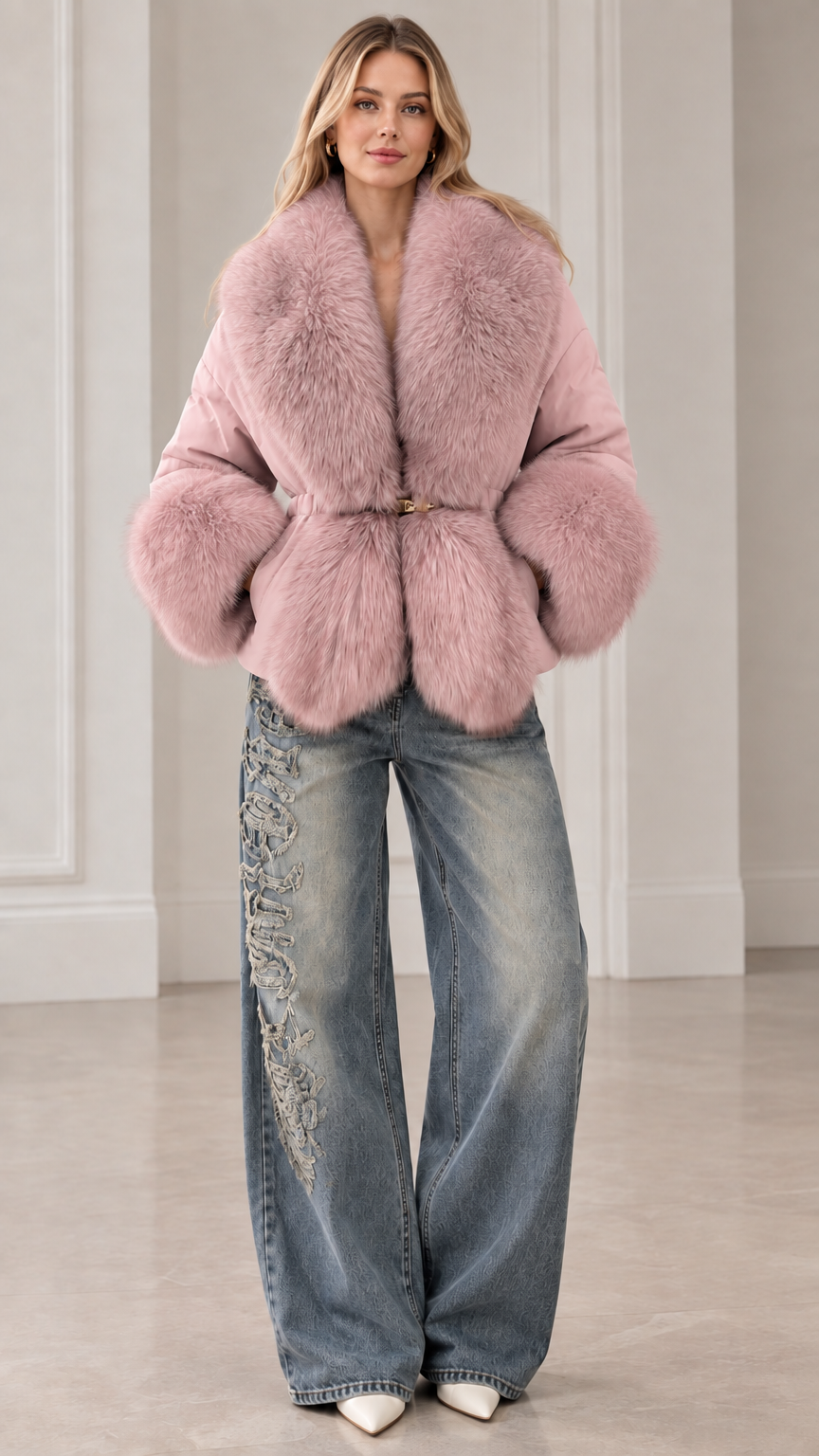Full front view of dusty pink faux fur trimmed belted puffer jacket