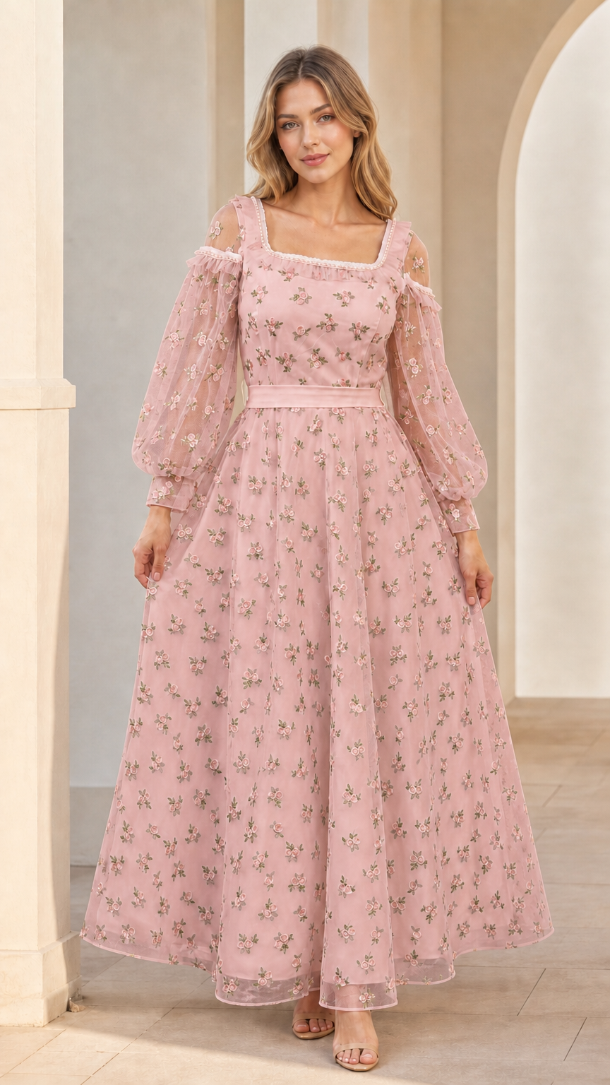 Model wearing dusty pink floral embroidered cold-shoulder maxi dress