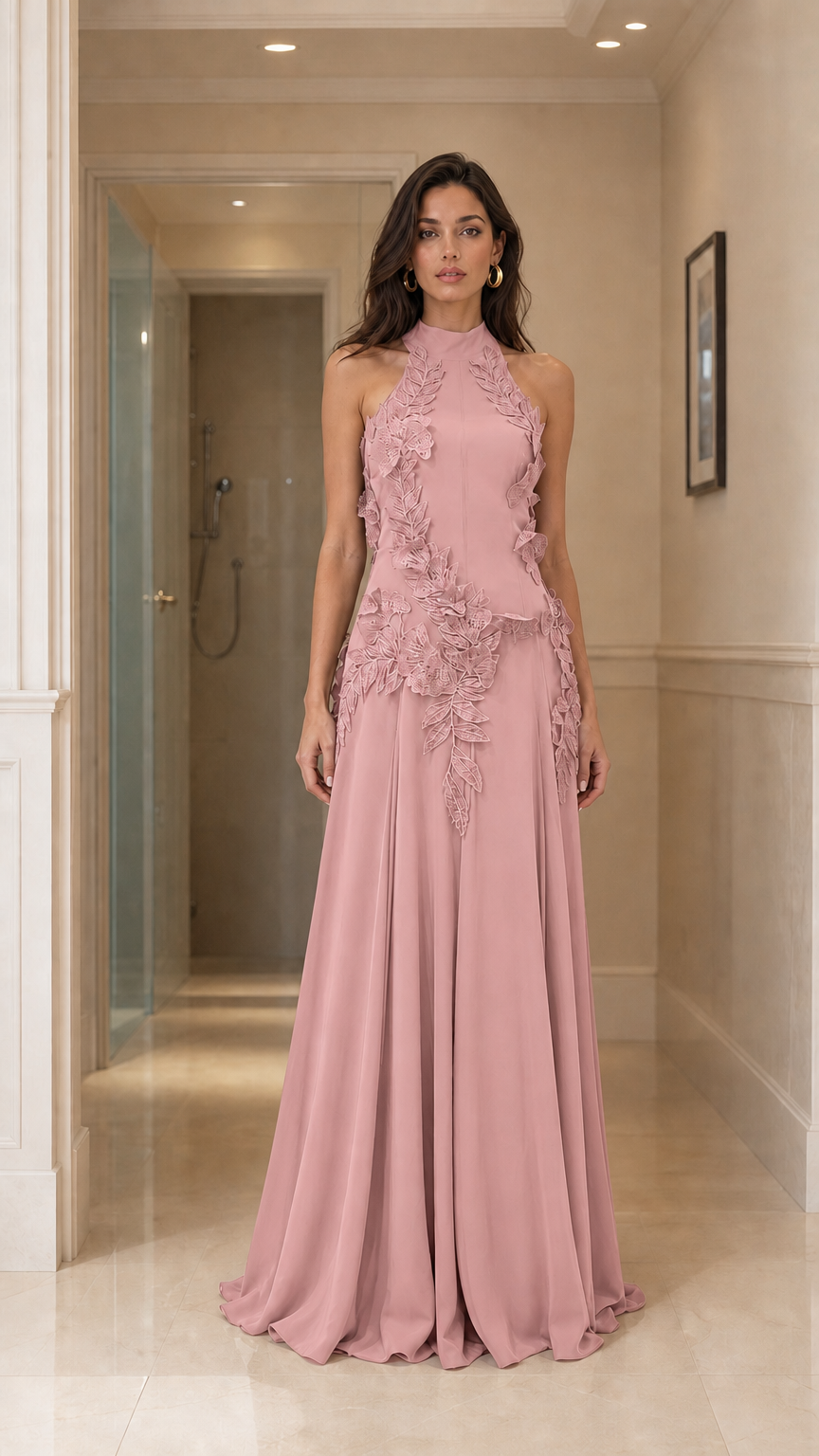 Front view of dusty pink halter neck maxi dress