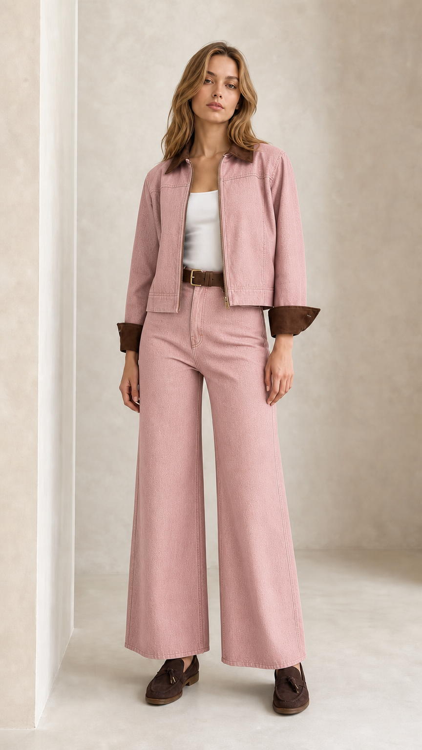 Model wearing Dusty Pink denim jacket and wide leg trousers set