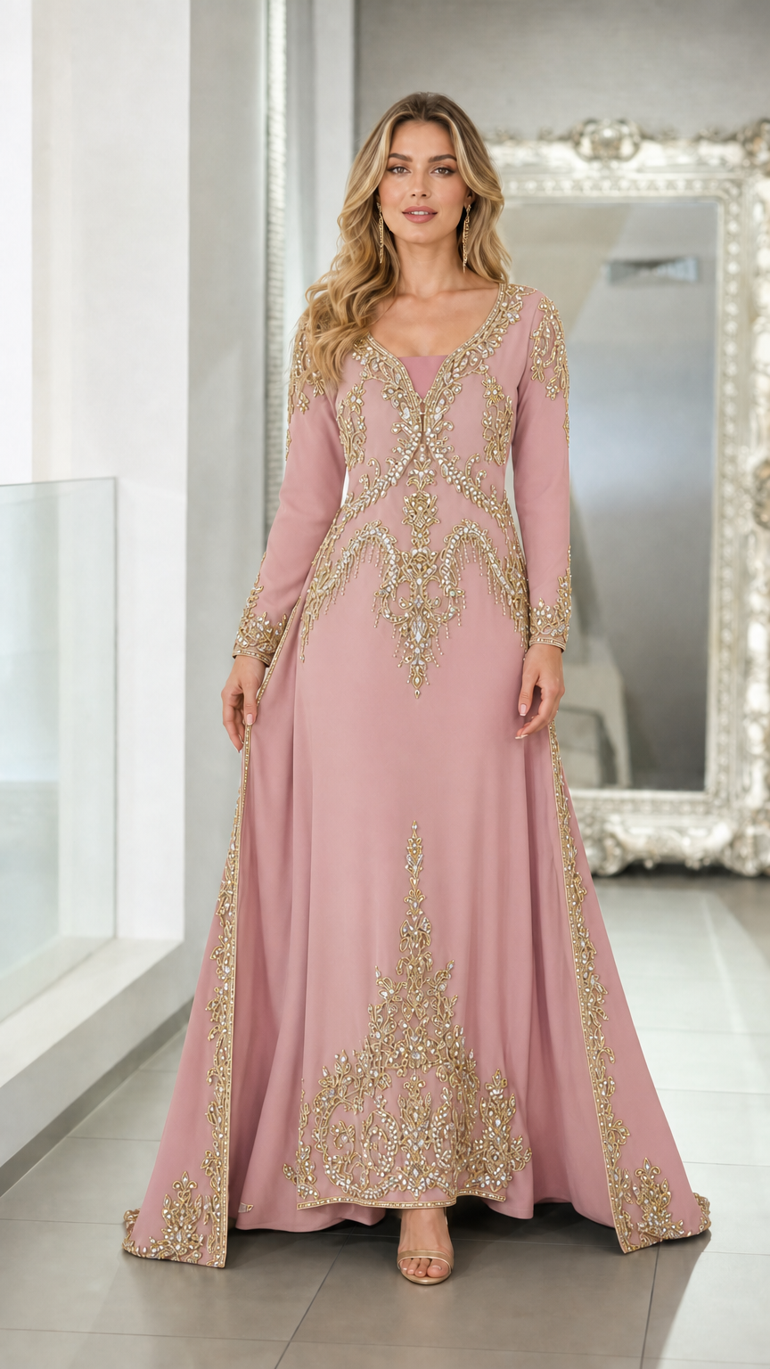 Dusty pink embroidered long sleeve caftan evening dress