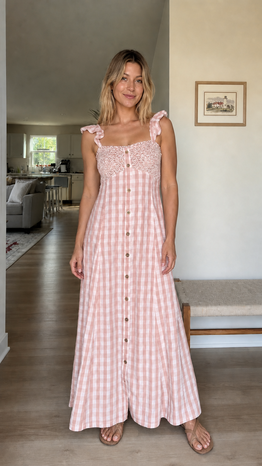 Woman wearing light pink gingham maxi dress