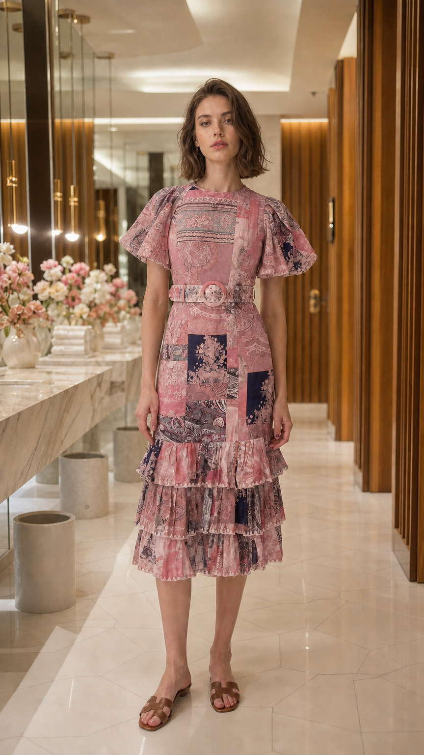 Full view of woman wearing pink patchwork midi dress