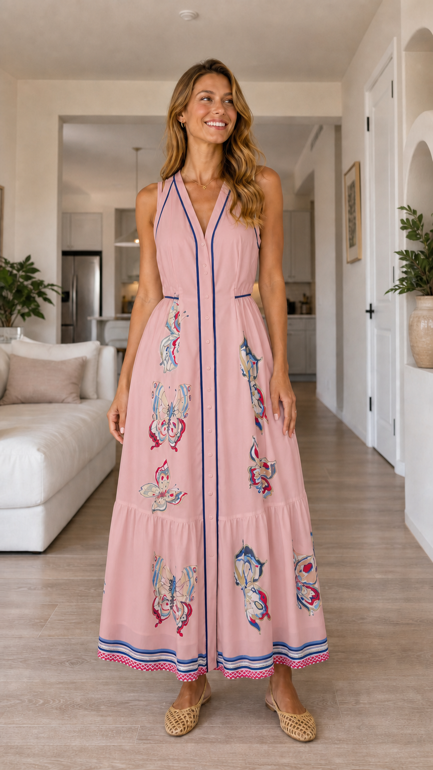 Woman wearing pink butterfly print maxi dress
