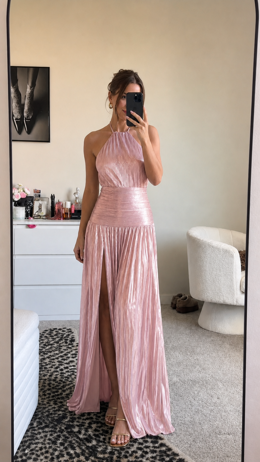 Metallic pink halter pleated maxi dress with high slit