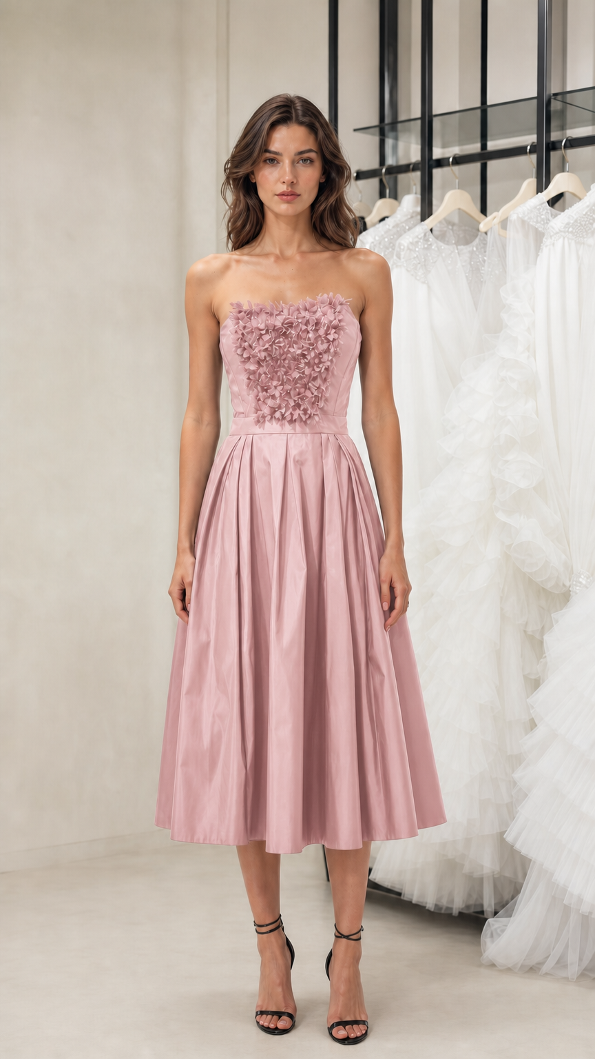 Front view of model wearing pink strapless midi dress