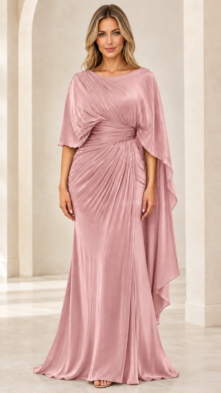 Blush Pink draped cape sleeve floor length evening dress