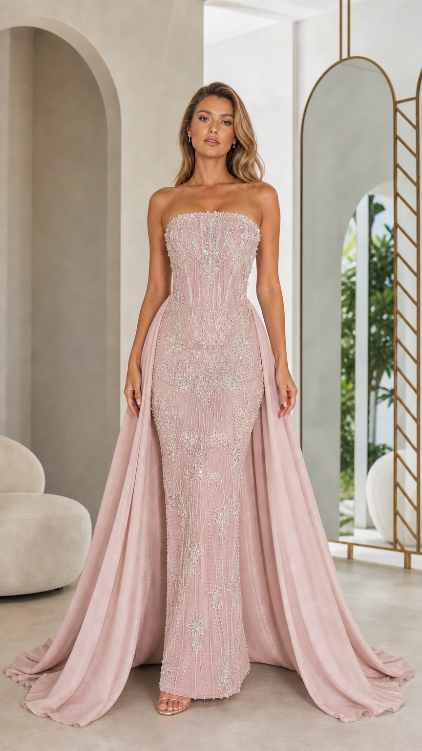 Blush pink variant of strapless beaded mermaid evening gown with overskirt