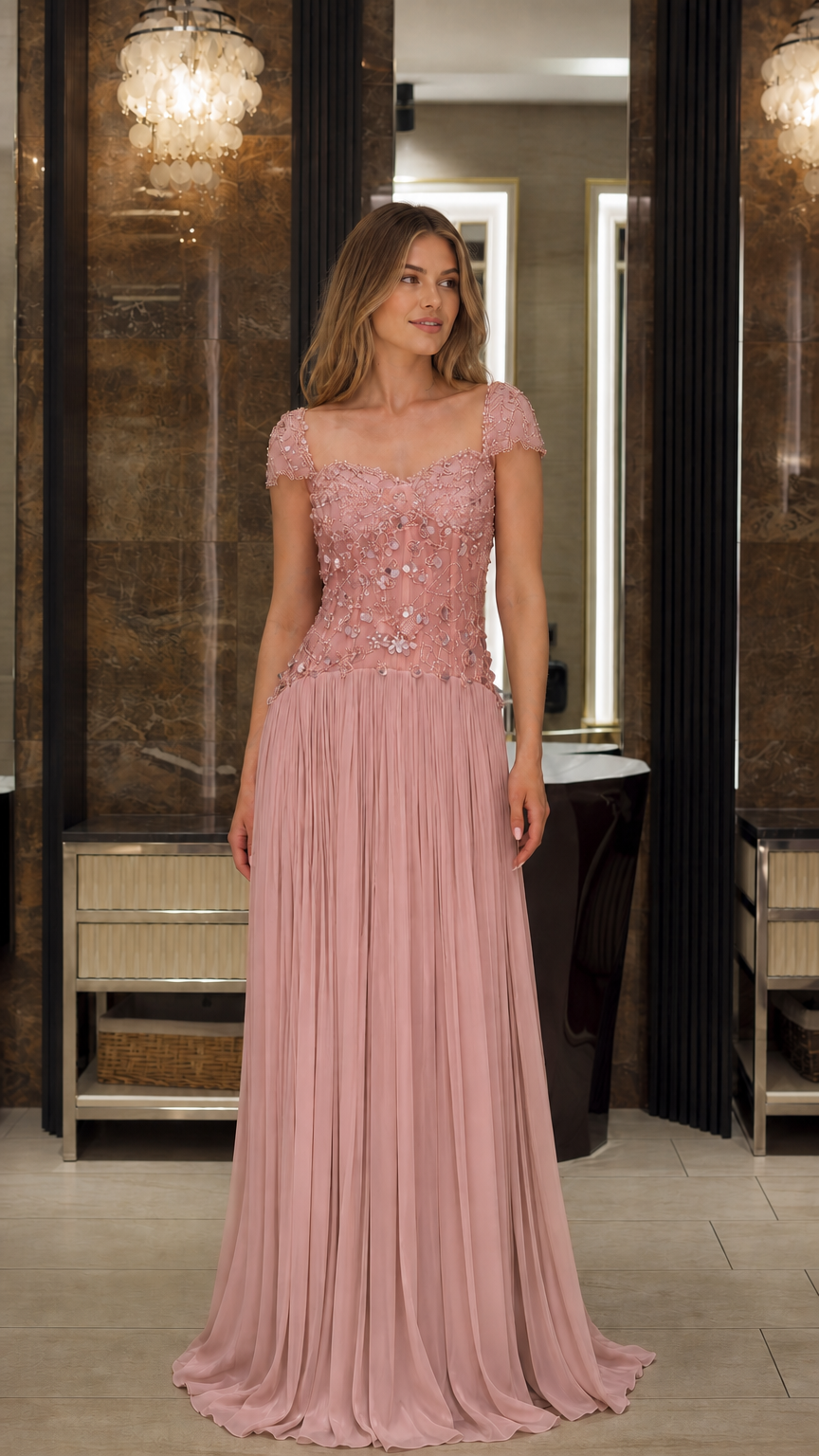 Front view of model wearing the Dusty Rose beaded bodice pleated chiffon evening dress