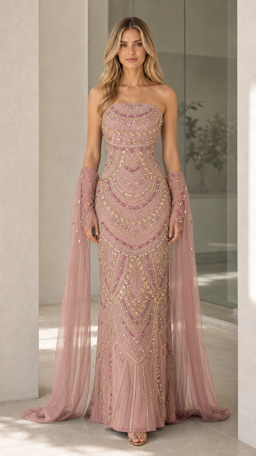 Dusty rose color variant of beaded strapless evening gown