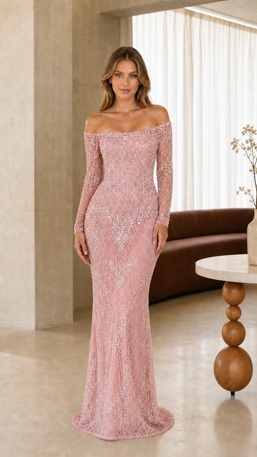 Full-length front view of model wearing blush pink off-the-shoulder sequin evening dress