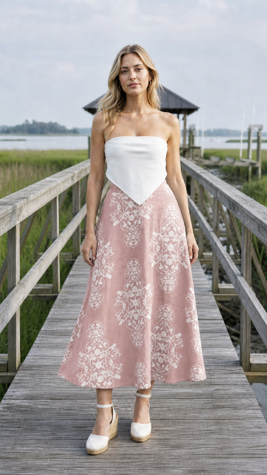 Front view of pink floral midi skirt variant