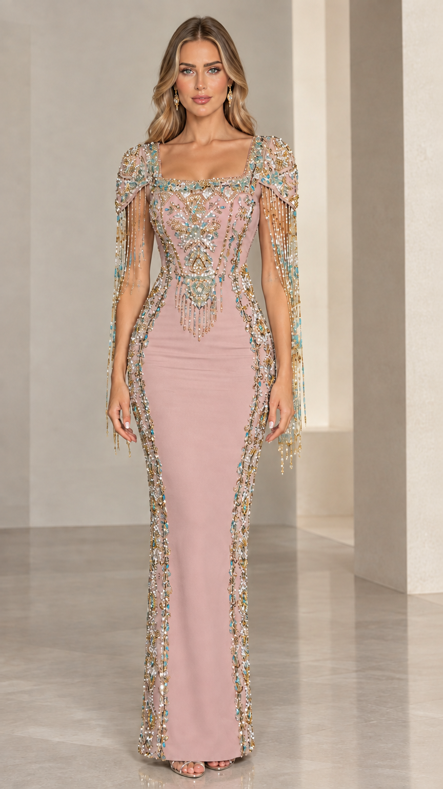 Front view of model wearing Dusty Pink embellished square neck evening gown with beaded fringe sleeves
