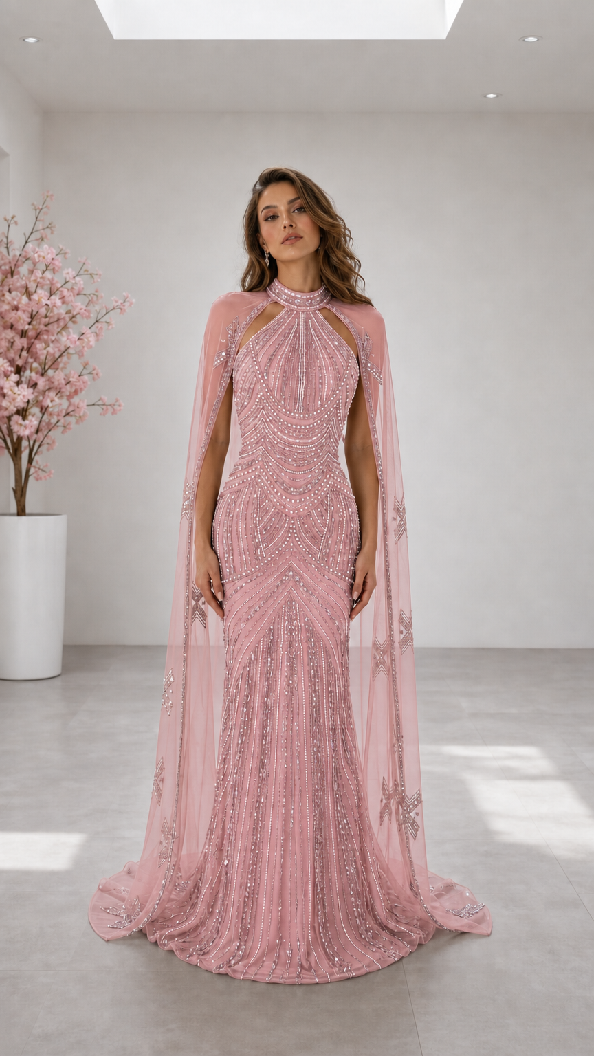 Blush pink sequin formal evening dress with cape front view