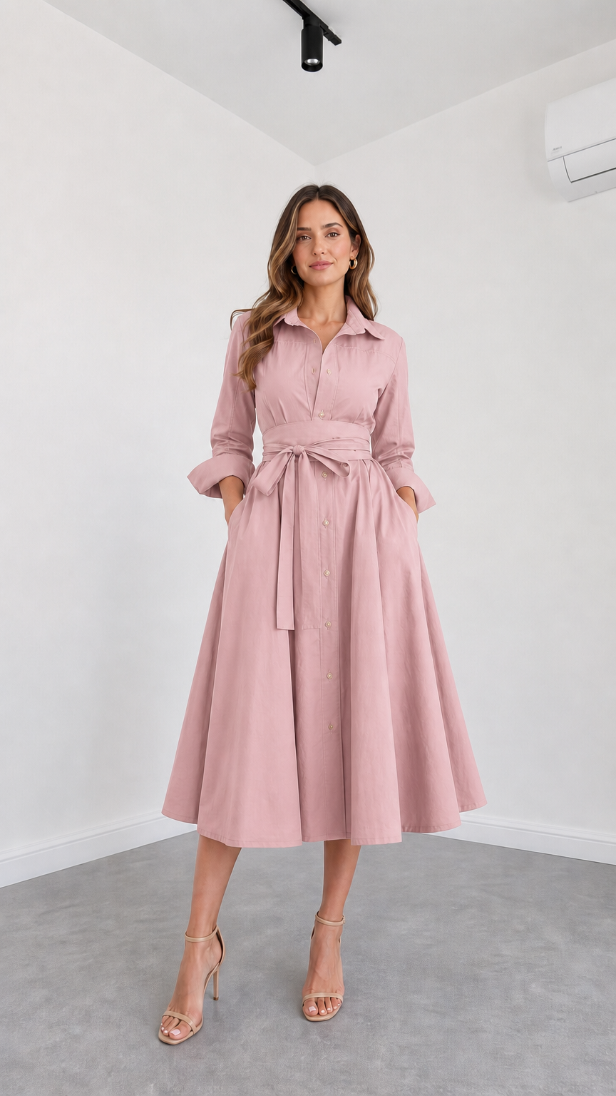 Front view of model wearing Dusty Pink button-down belted midi shirt dress