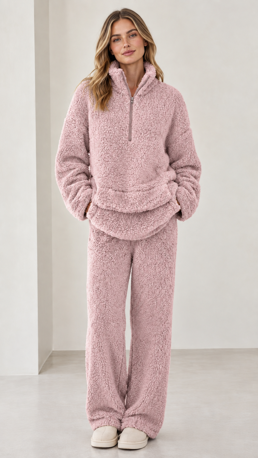 Model wearing dusty pink teddy fleece matching pullover and pant set