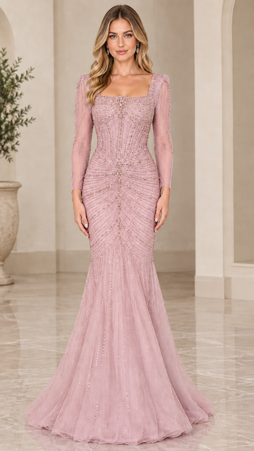 Blush pink long sleeve beaded mermaid evening gown