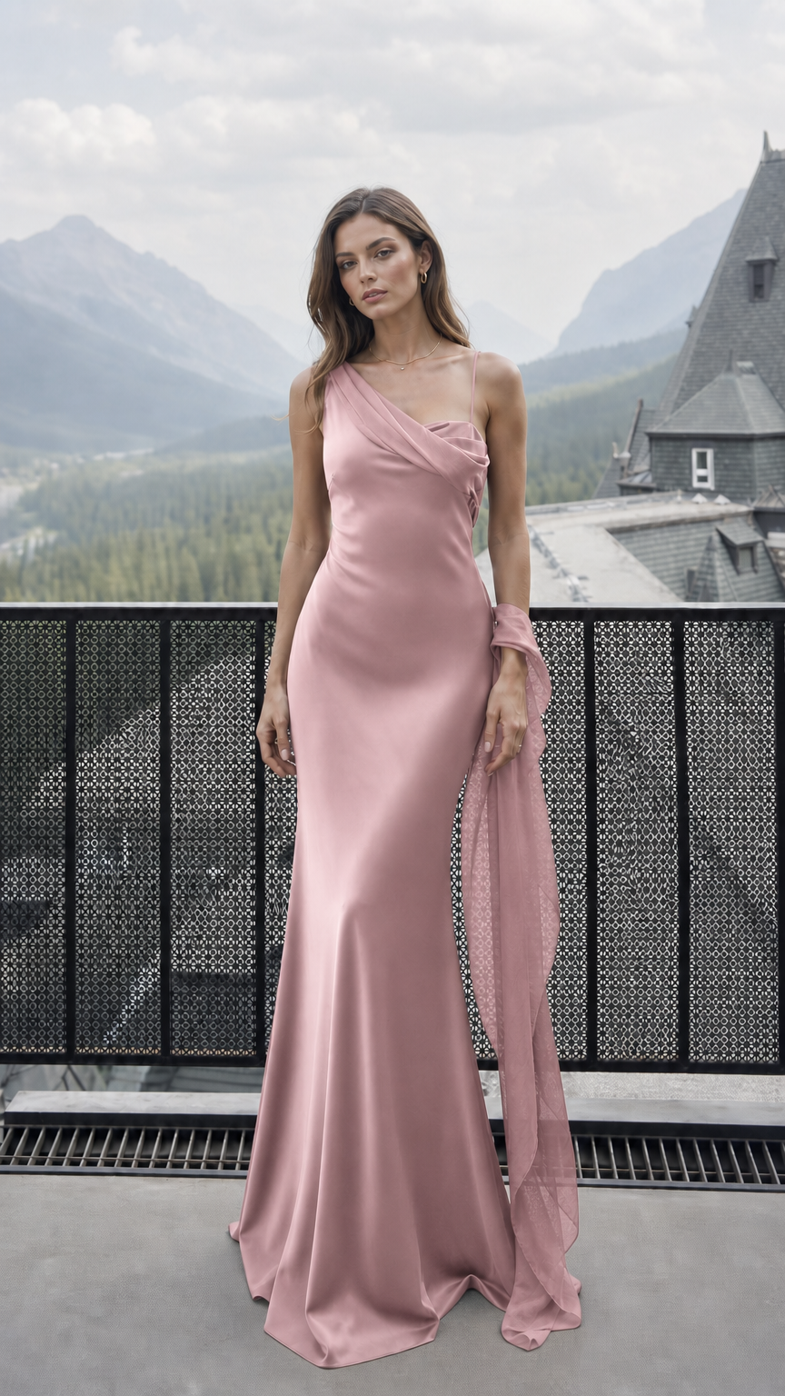 Front view of pink color variant of the satin evening dress