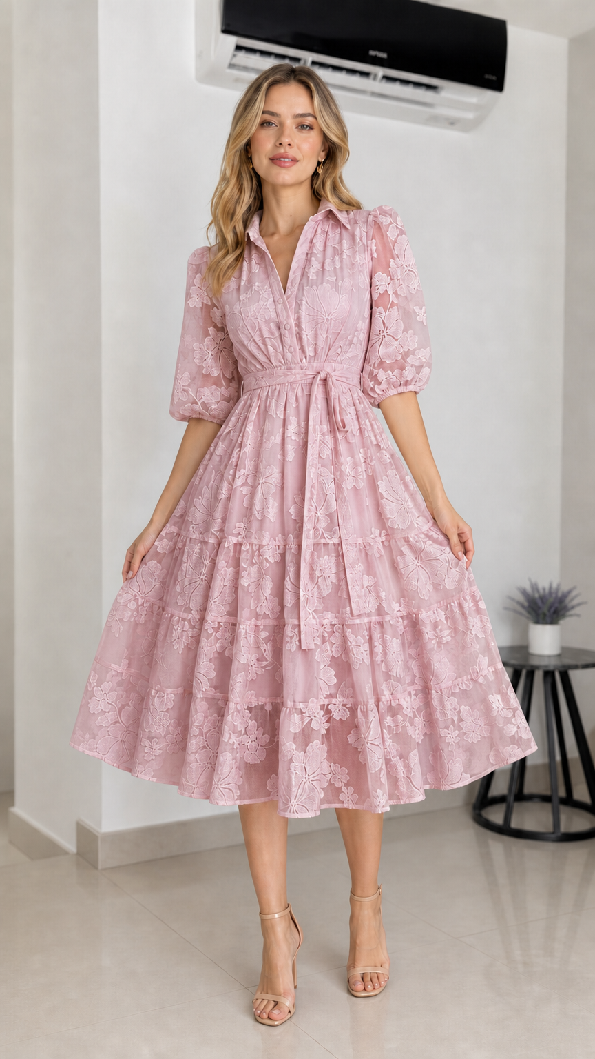 Front view of pink floral embroidered midi dress