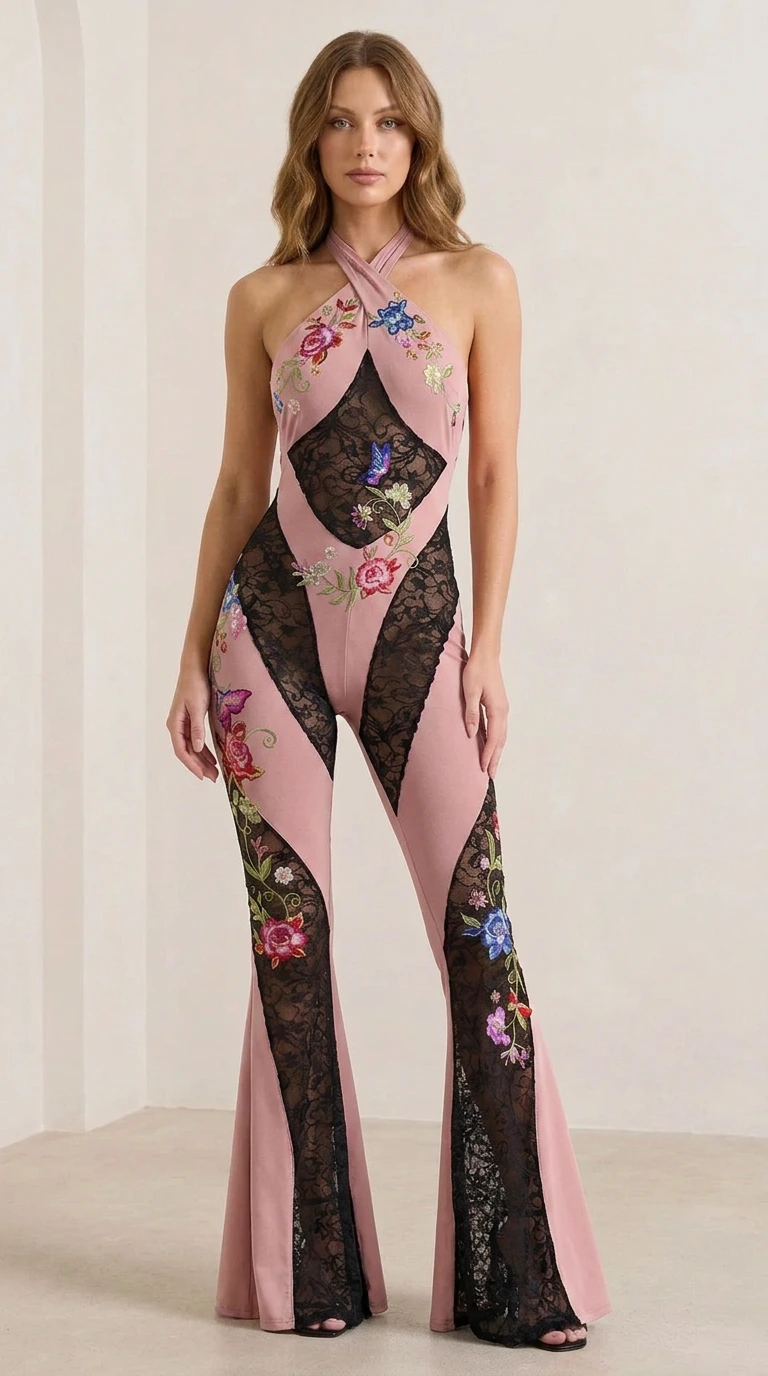 Pink color variant of the floral embroidered lace jumpsuit
