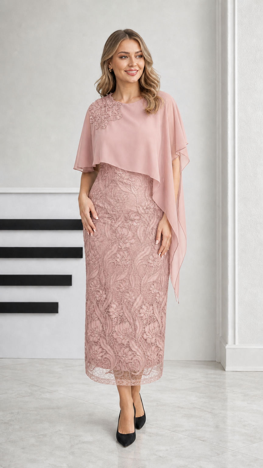 Dusty rose pink embroidered lace midi dress with sheer chiffon capelet