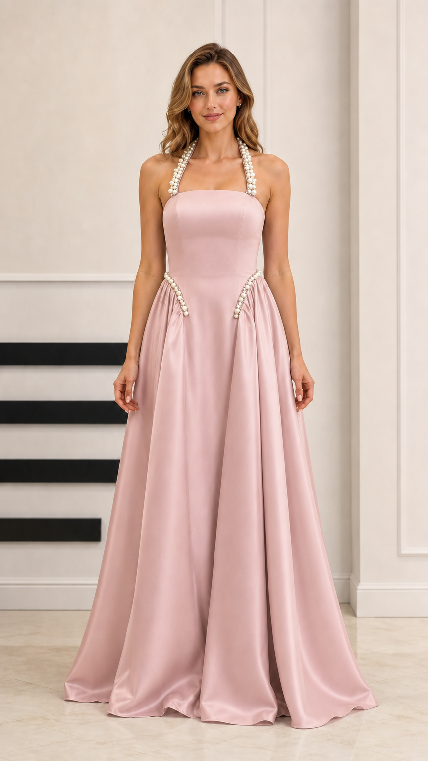Blush pink satin halter formal dress with pearl-trimmed waist