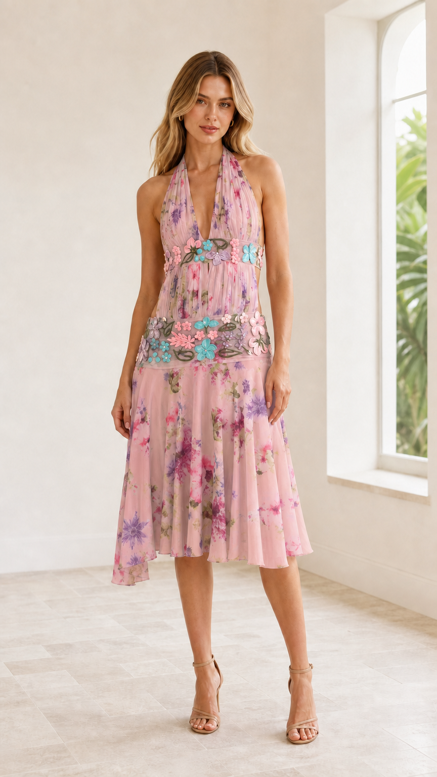 Front view of model wearing Pink floral halter cutout midi dress