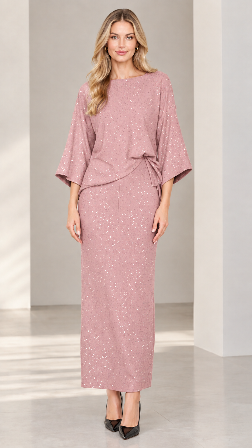 Full-length studio shot of woman wearing dusty pink shimmer top and maxi skirt set