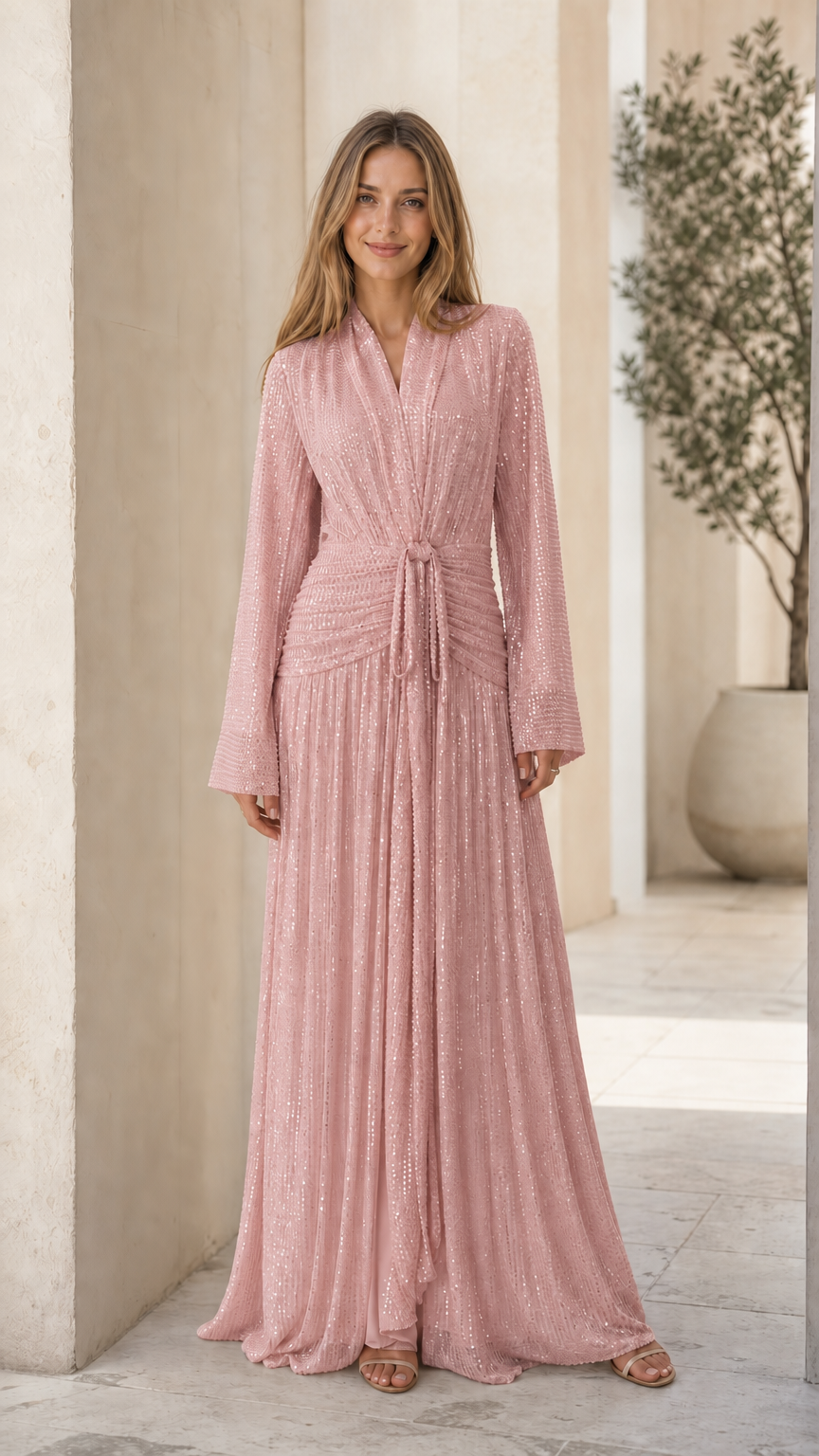 Dusty pink pleated shimmer long sleeve evening maxi dress