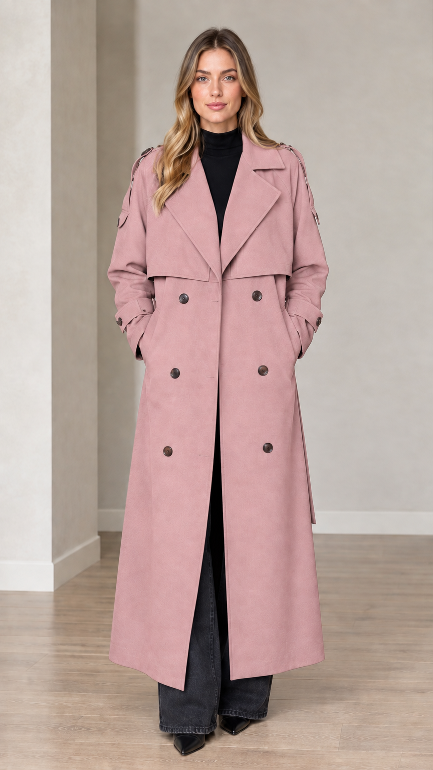 Front view of woman wearing dusty pink double-breasted long trench coat