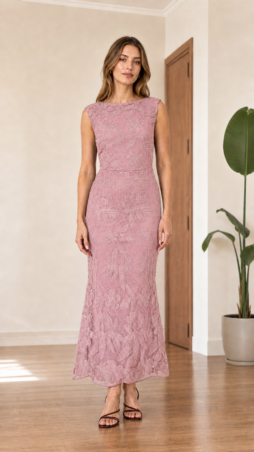 Front view of dusty pink sleeveless floral lace maxi dress