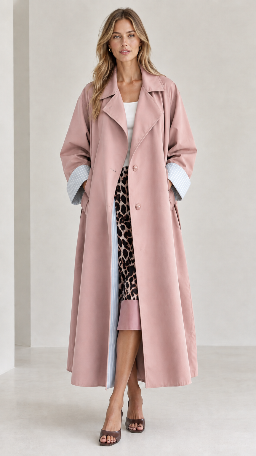 Front view of woman wearing dusty pink long trench coat with striped cuff accents
