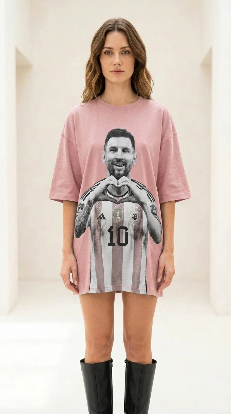 Front view of pink color variant of graphic t-shirt dress